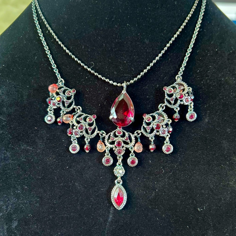 Bundle/lot 2 necklace faux ruby red rose crystal hematite-tone vintage Victorian